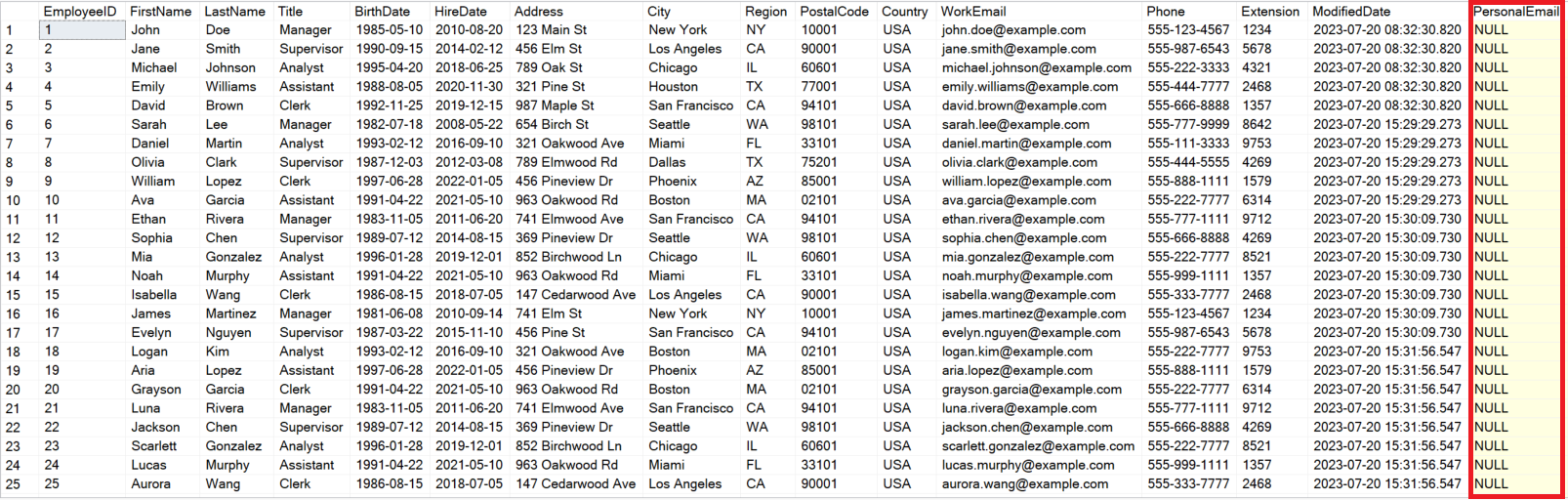 Screenshot of a new table design with a column added for personal email.