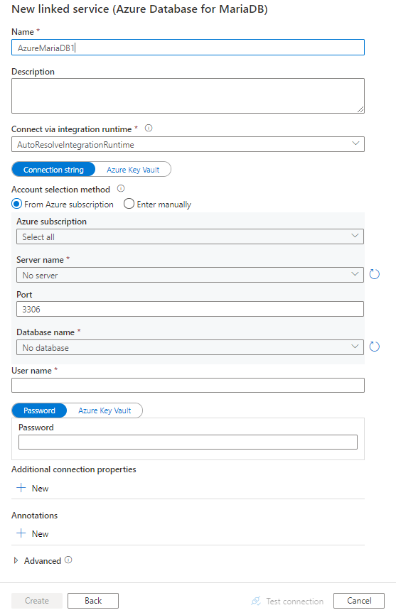 Screenshot of linked service configuration for Azure Database for MariaDB.