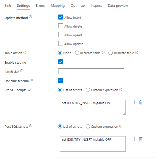 Screenshot showing pre and post SQL processing scripts in Azure Synapse Analytics data flow.