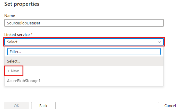 Shows a screenshot of the &quot;Set properties&quot; window for the dataset, with the &quot;+New&quot; button highlighted under the &quot;Linked service&quot; dropdown.**