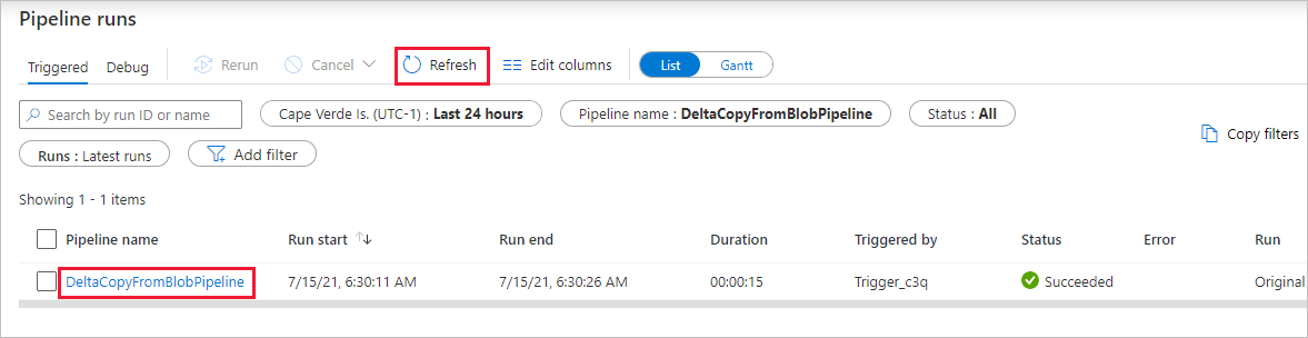 Screenshot shows the Pipeline runs pane.