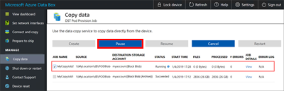 Screenshot of the Copy Data page highlighting the location of the Pause button.