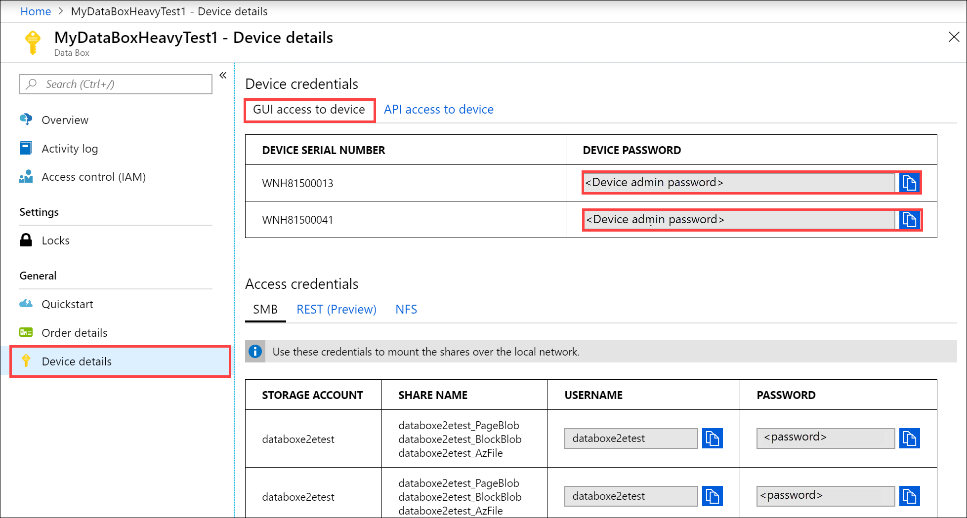 Screenshot of Data Box Heavy device credentials.