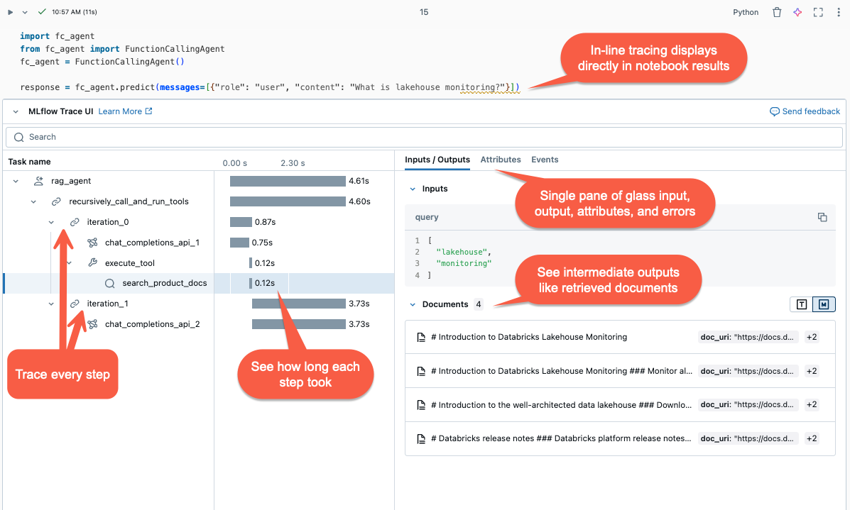 In-line tracing captures detailed information for each step in a gen AI app