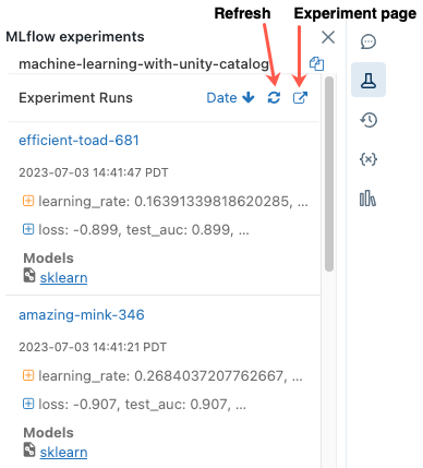 The experiment runs sidebar in the notebook shows the latest MLflow runs.