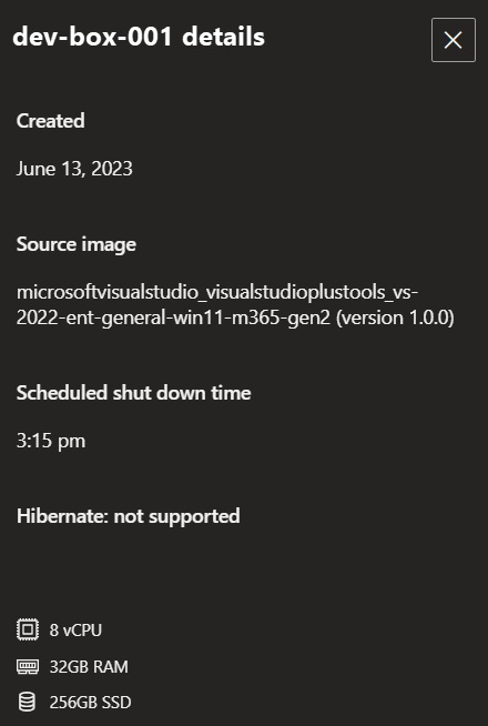 Screenshot of the dev box more information pane, showing creation date, dev center, dev box pool, and source image for the dev box.