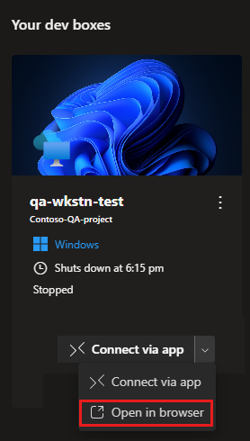 Screenshot of dev box card that shows the option for opening in a browser.