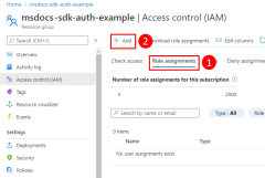 A screenshot showing how to navigate to the role assignments tab and the location of the button used to add role assignments to a resource group.