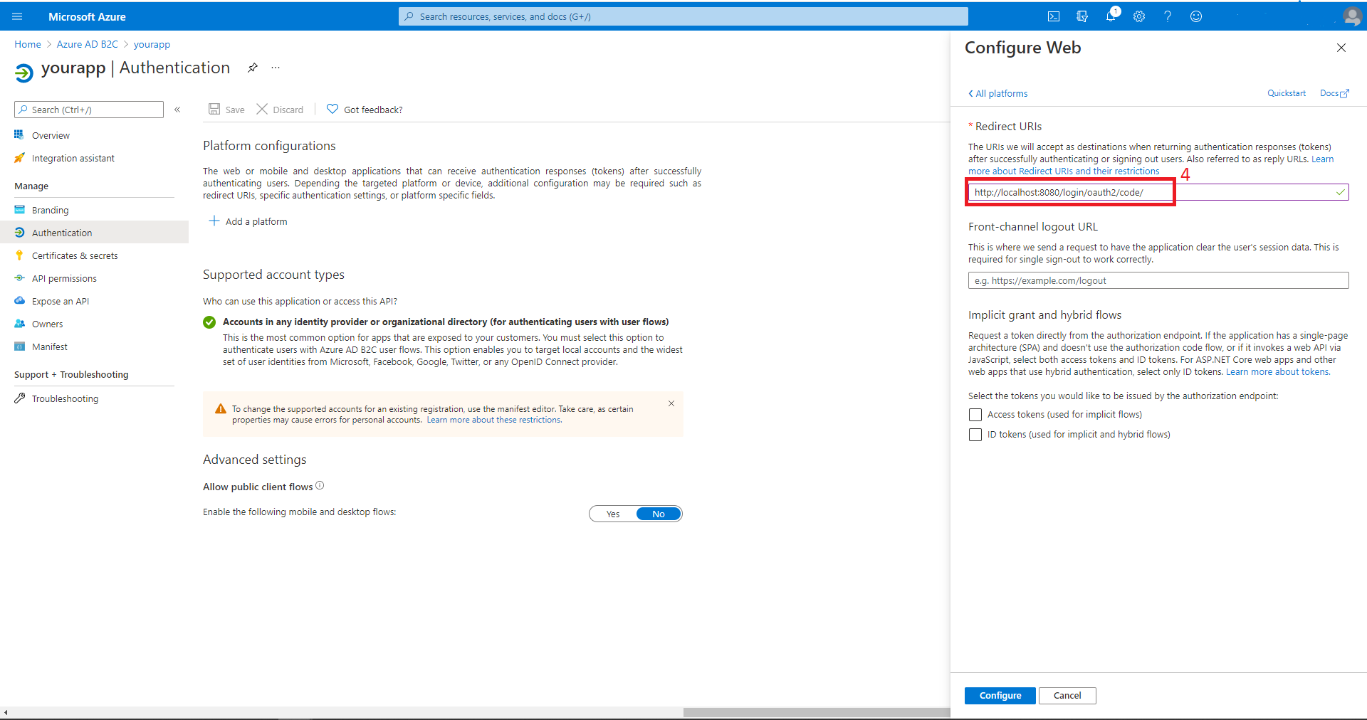 Configure Web screen with Redirect URIs field selected.