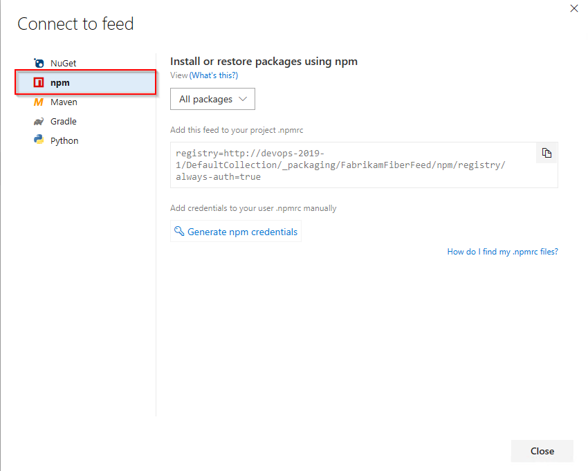 A screenshot showing how to set up your project-level and user-level npmrc files in Azure DevOps Server 2019.1.