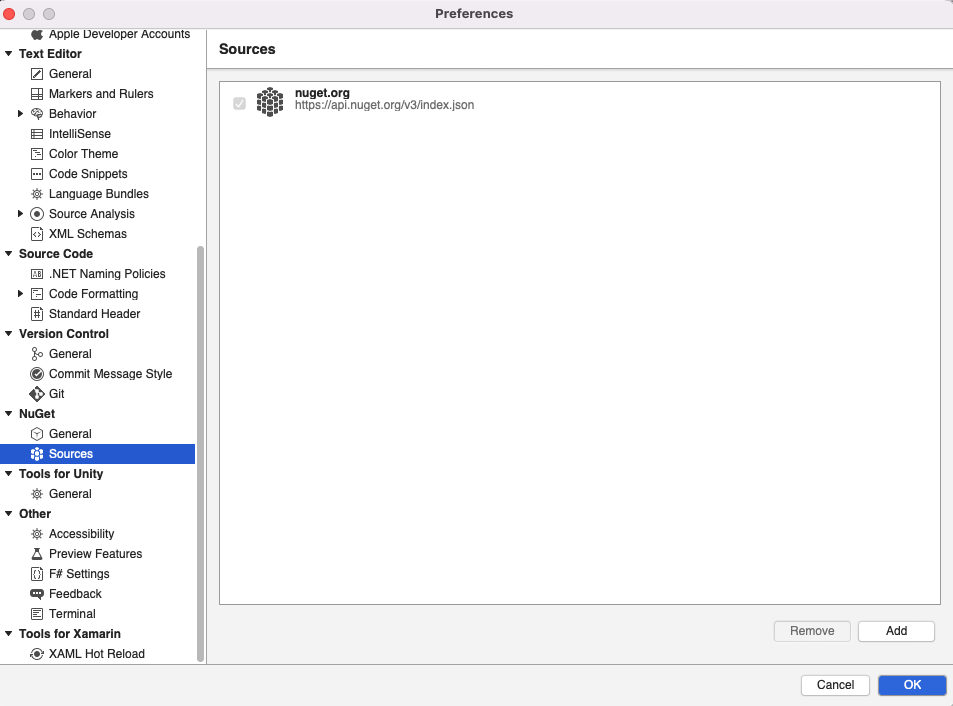 A screenshot displaying how to add a new package source in Visual Studio for Mac.