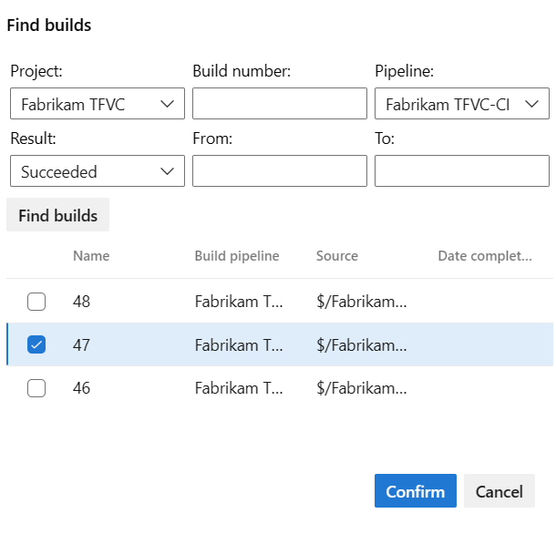 Screenshot of Find builds dialog with project selected and builds listed.