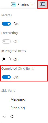 Screenshot shows the View options selector with Completed child items selected.