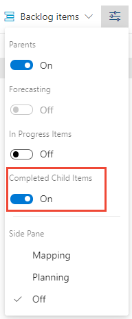 Screenshot shows the View options selector with Completed child items selected.