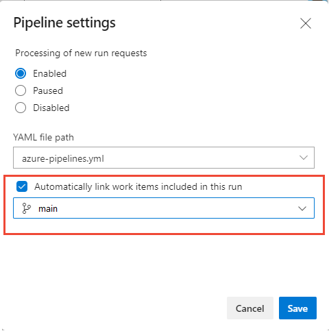 Screenshot of Pipeline Settings with Automatically link work items in this run from selected branch highlighted.