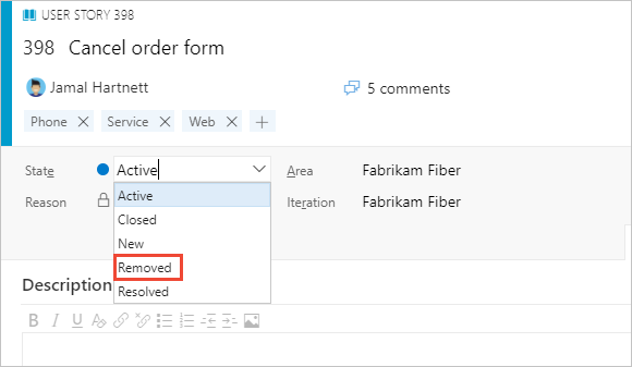 Screenshot of work item form, Change State to Removed.
