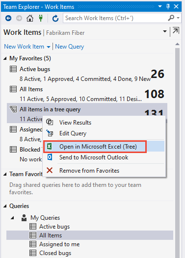 Screenshot shows a Team Explorer context menu with the option Open in Microsoft Excel.