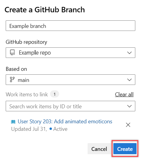 Screenshot of Create a GitHub Branch dialog.