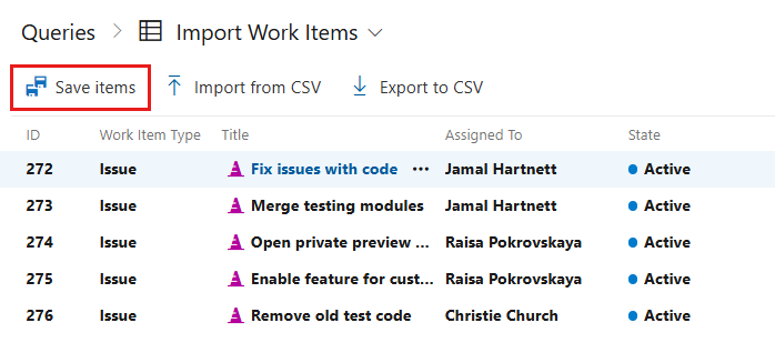 Screenshot showing Import Work Items with the option to Save items.