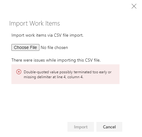 Screenshot showing a CSV Error in the Import Work Items page.