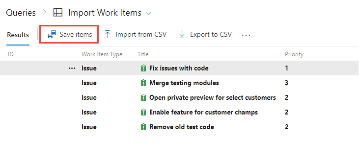 Screenshot showing Save items for imported work items.