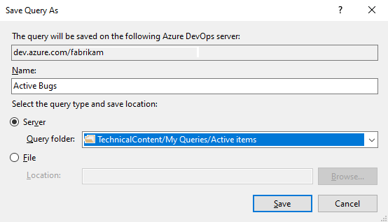 Screenshot of Visual Studio, Save Query As dialog.