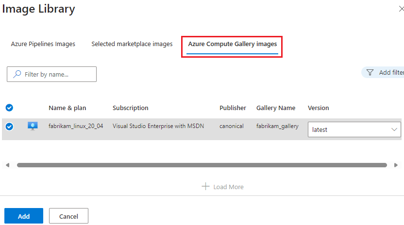 Screenshot of Azure Compute Gallery images.