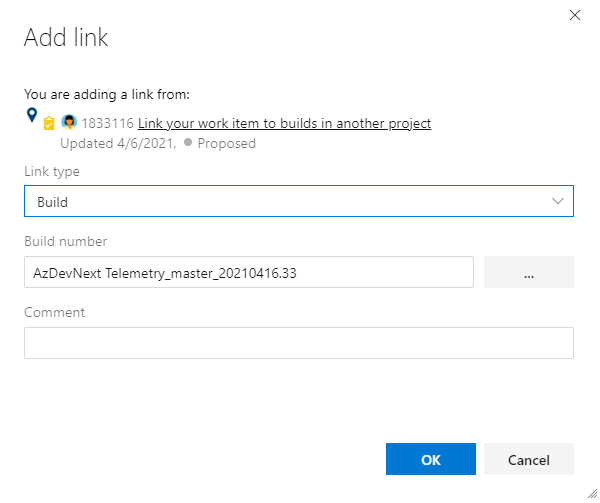 Screenshot of Add link dialog with Build number entered.