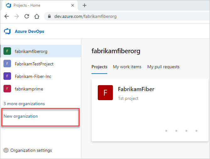 Screenshot shows New organization button for selection.