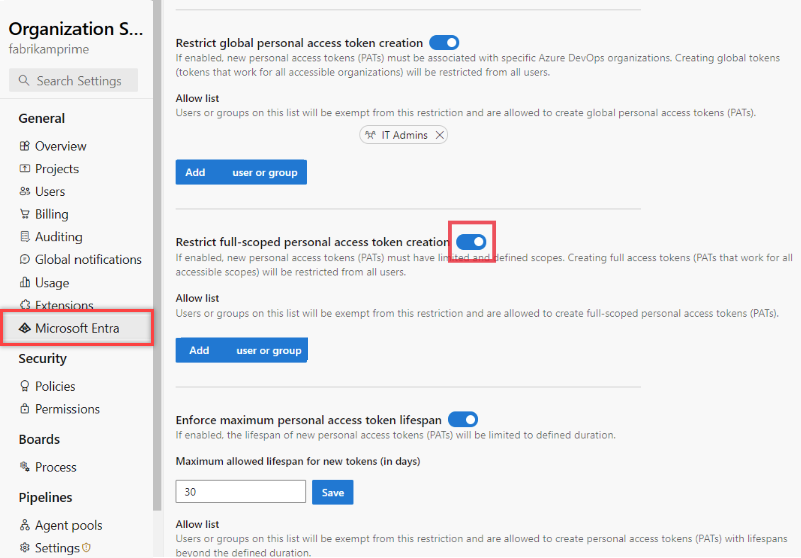 Screenshot of toggle moved to on position for the Restrict full-scoped PAT creation policy.