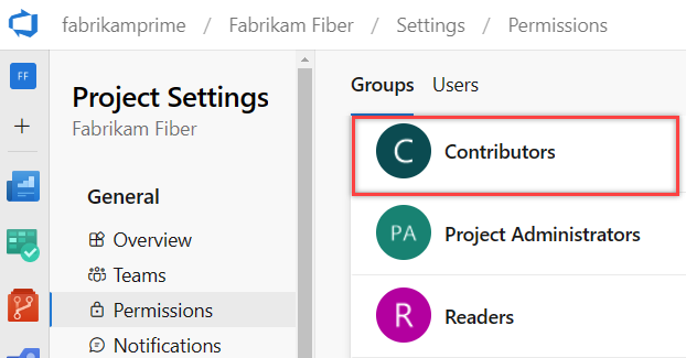 Screenshot shows highlighted Contributors group selection.