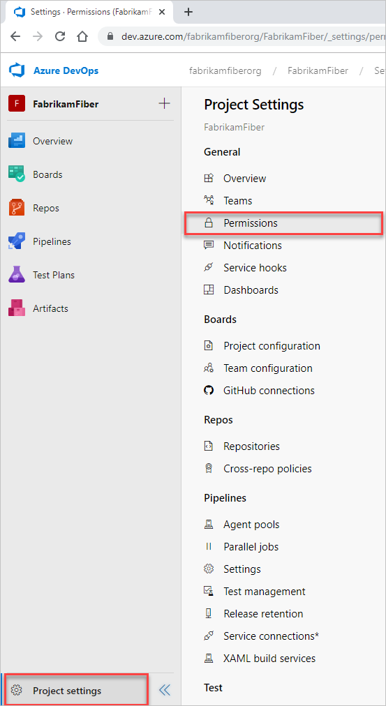 Screenshot shows highlighted selections, Project settings and Permissions buttons.