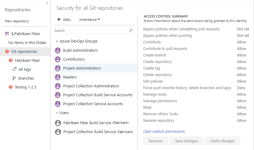 Screenshot of Git repository permissions dialog.