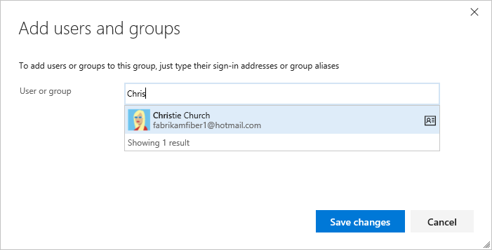 Screenshot showing Add users and group dialog, current page.