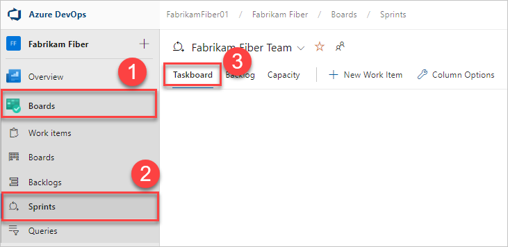 Screenshot of taskboard selection.