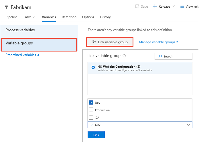 Screenshot that shows linking a variable group.