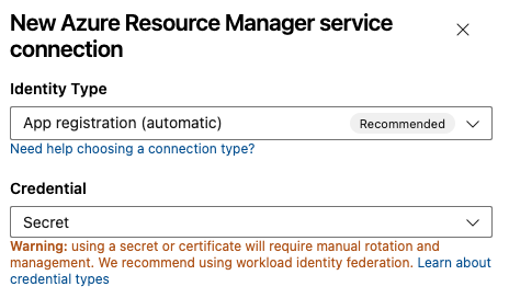 Screenshot of Workload Identity federation app registration (automatic) authentication method selection.