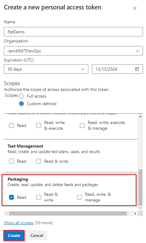 A screenshot showing how to create a personal access token with packaging read permissions.