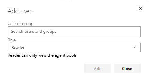 Screenshot of organization-level add user for an agent pool.