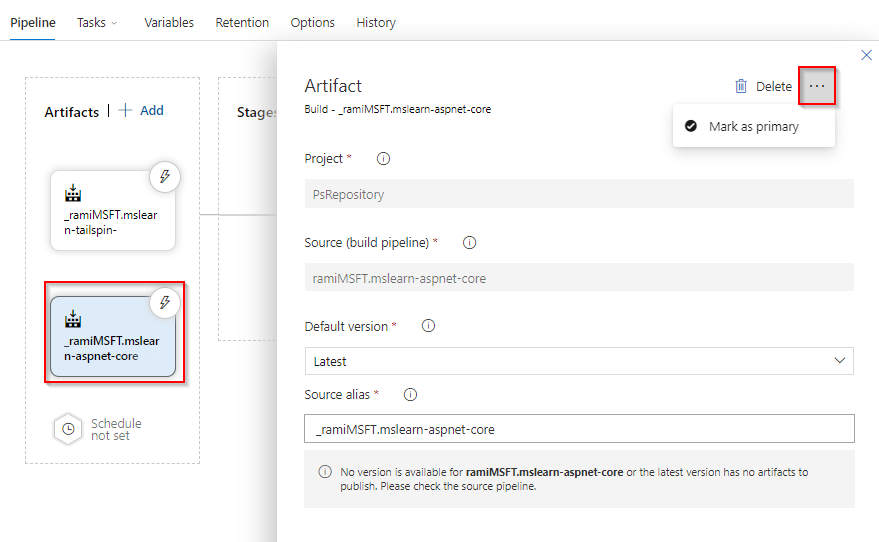 A screenshot that shows how to set a primary source artifact.