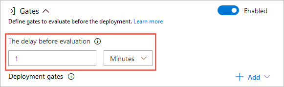 A screenshot showing how to set the delay time for pre-deployment gates.