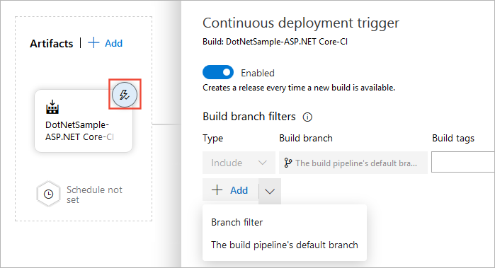 A screenshot displaying how to configure the continuous deployment trigger in a release pipeline.