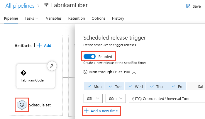 A screenshot displaying how to configure the Scheduled release triggers in a release pipeline.