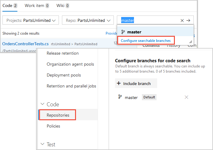 Screenshot showing Git branches for configuration.