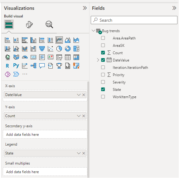 Screenshot of Power BI Visualizations and Fields selections for Bug trends report. 