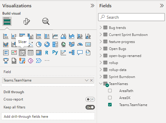 Screenshot of Power BI Visualizations and Fields selections for team slicer. 