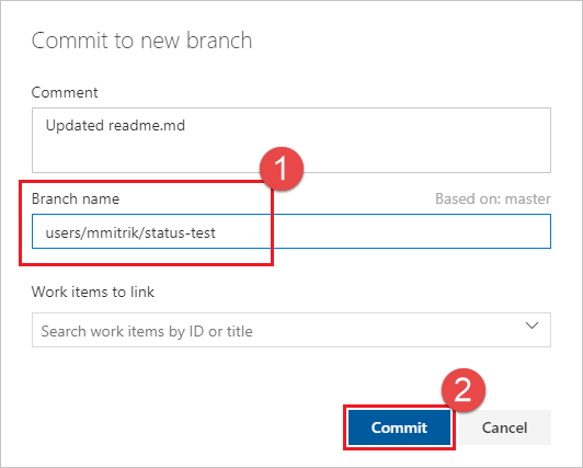 Screenshot shows entered new branch name and selected Commit button.