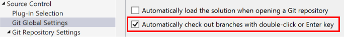 Screenshot showing the checkbox to check out branches with double-click or Enter key in the Options dialog box.