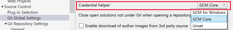 Screenshot of the credential helper setting in the Options dialog box in Visual Studio.