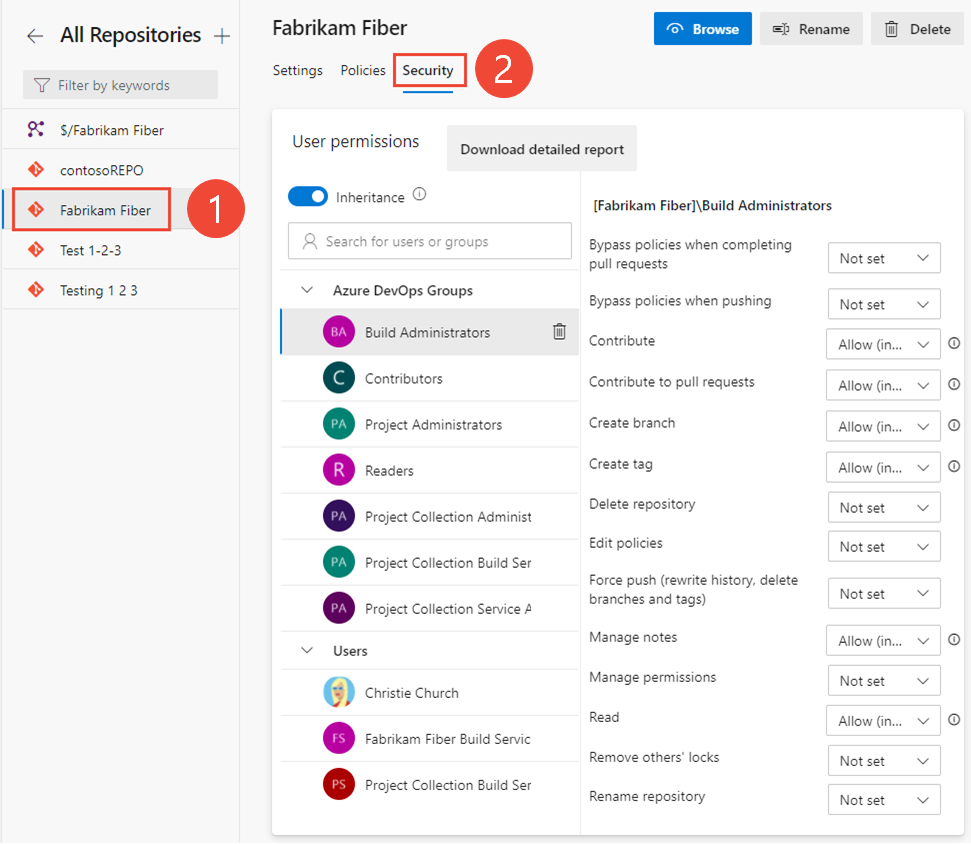 Screenshot showing choosing Project settings>Choose a repository>Security.